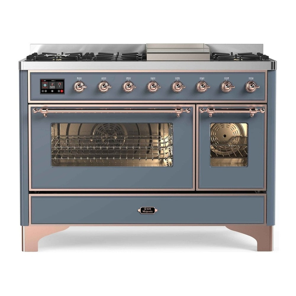 ILVE Majestic II 48" Blue Grey Dual Fuel Range with 8 Burners and Griddle Triple Glass Door Liquid Propane