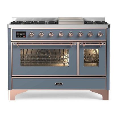 ILVE Majestic II 48" Blue Grey Dual Fuel Range with 8 Burners and Griddle Triple Glass Door Liquid Propane