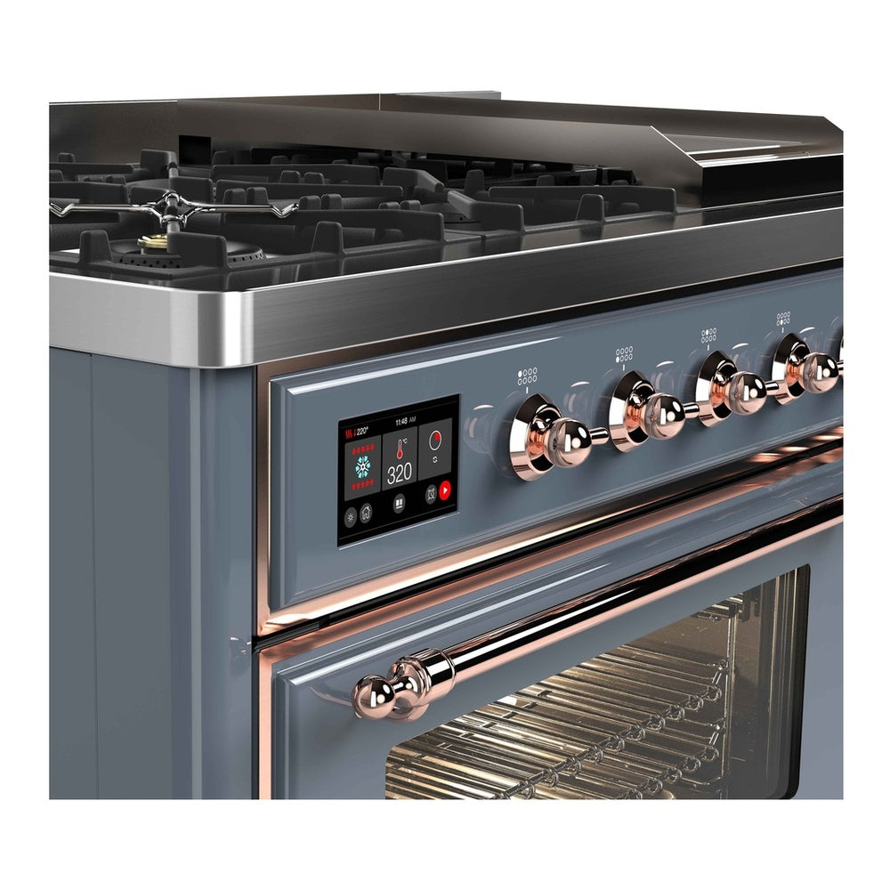 ILVE Majestic II 48 inch Triple Glass Door Natural Gas Dual Fuel Range Copper Blue Grey