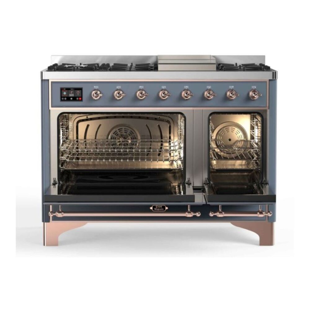 ILVE Majestic II 48 inch Triple Glass Door Natural Gas Dual Fuel Range Copper Blue Grey