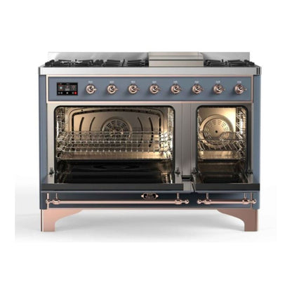 ILVE Majestic II 48 inch Triple Glass Door Natural Gas Dual Fuel Range Copper Blue Grey