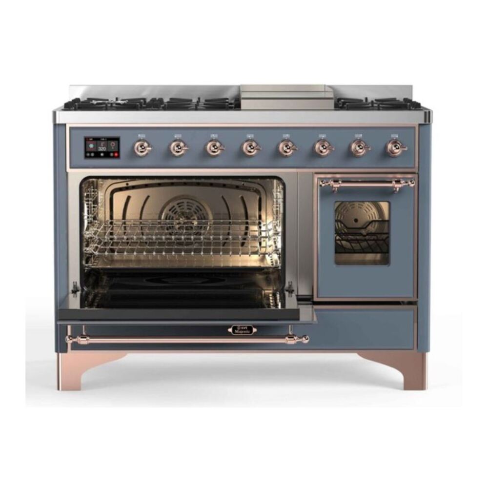 ILVE Majestic II 48 inch Triple Glass Door Natural Gas Dual Fuel Range Copper Blue Grey