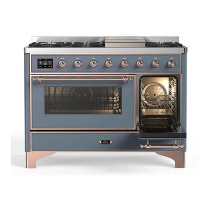 ILVE Majestic II 48 inch Triple Glass Door Natural Gas Dual Fuel Range Copper Blue Grey