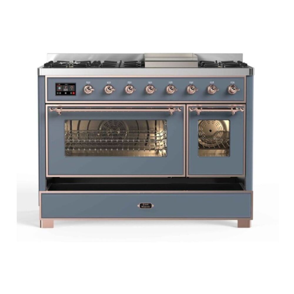 ILVE Majestic II 48 inch Triple Glass Door Natural Gas Dual Fuel Range Copper Blue Grey