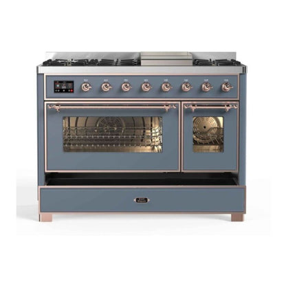 ILVE Majestic II 48 inch Triple Glass Door Natural Gas Dual Fuel Range Copper Blue Grey