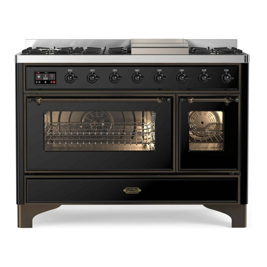 ILVE Majestic II 48" Glossy Black Dual Fuel Range with 8 Burners and Griddle Triple Glass Door Natural Gas