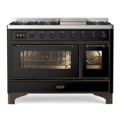 ILVE Majestic II 48 inch Triple Glass Door Natural Gas Dual Fuel Range Burnished Glossy Black