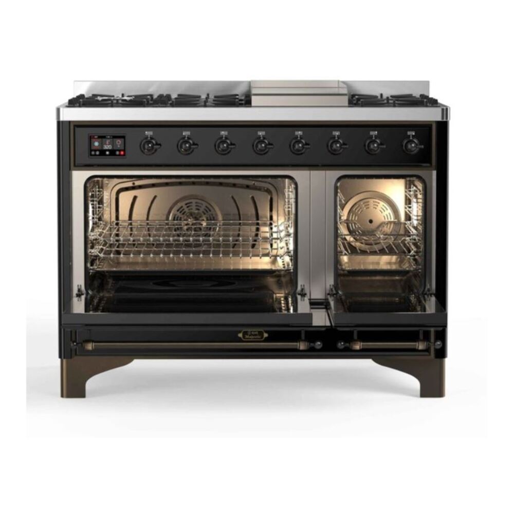 ILVE Majestic II 48 inch Triple Glass Door Natural Gas Dual Fuel Range Burnished Glossy Black