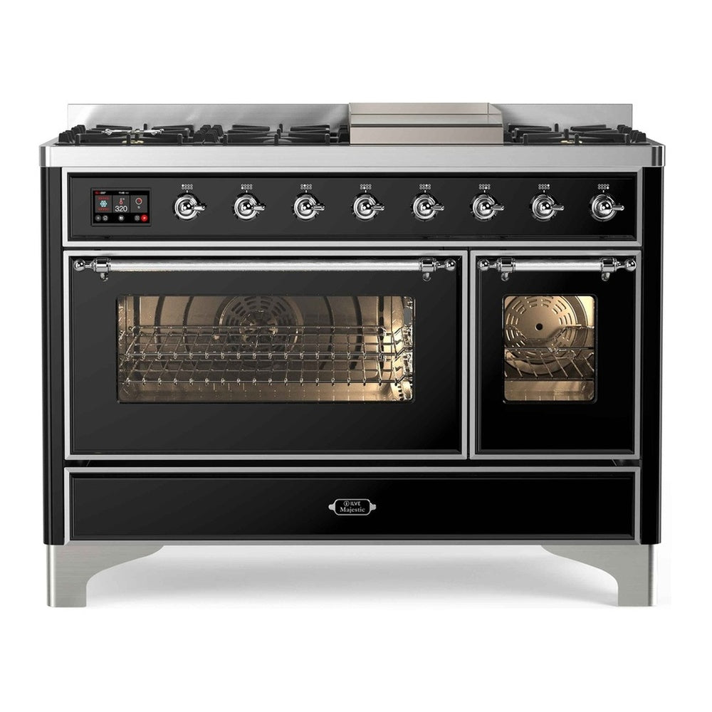 ILVE Majestic II 48" Glossy Black Dual Fuel Range with 8 Burners and Griddle Triple Glass Door Natural Gas