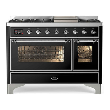 ILVE Majestic II 48 inch Triple Glass Door Natural Gas Dual Fuel Range Chrome Glossy Black