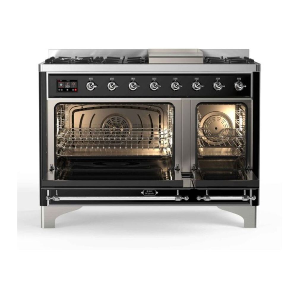 ILVE Majestic II 48 inch Triple Glass Door Natural Gas Dual Fuel Range Chrome Glossy Black