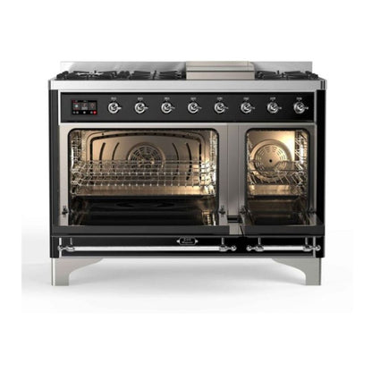 ILVE Majestic II 48 inch Triple Glass Door Natural Gas Dual Fuel Range Chrome Glossy Black