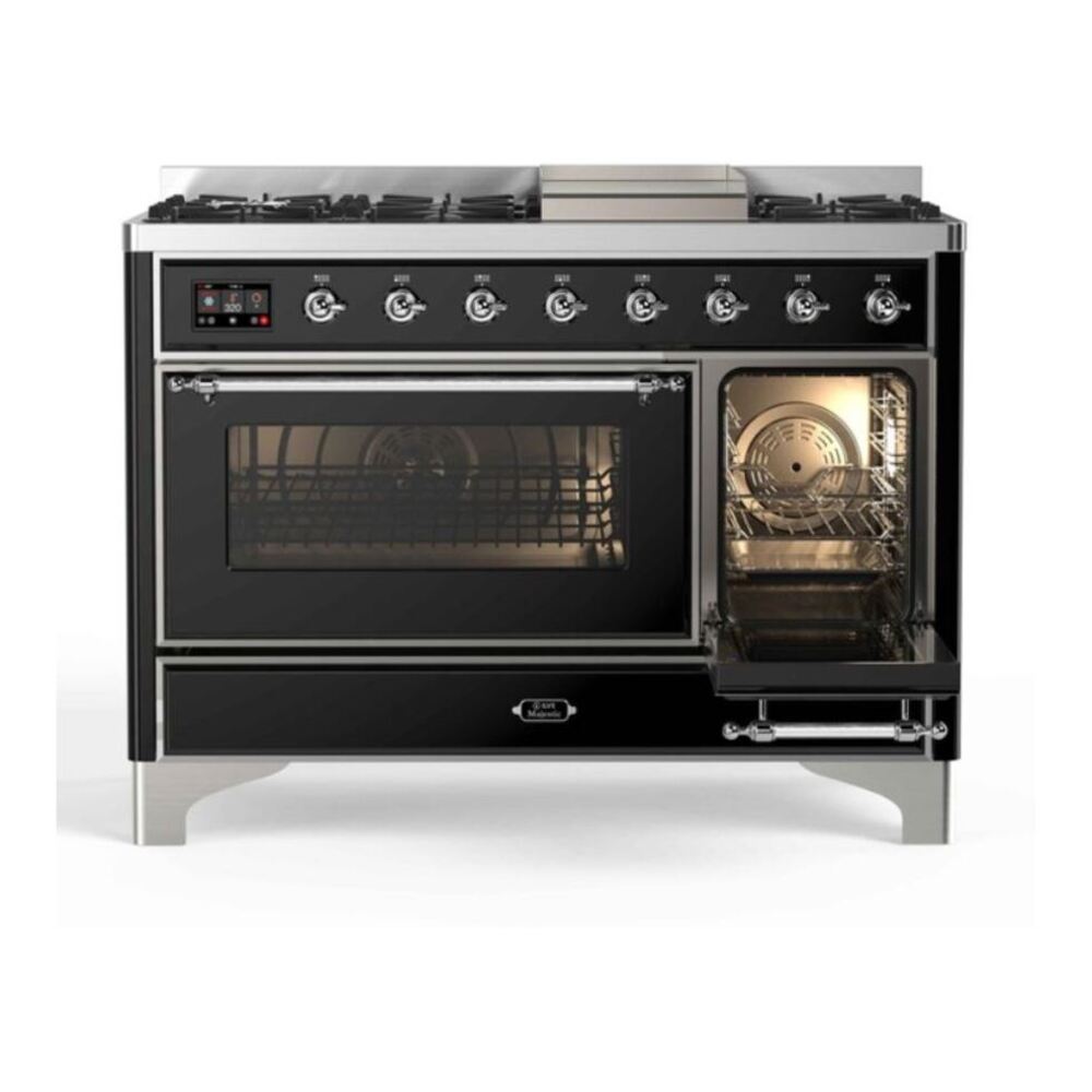 ILVE Majestic II 48 inch Triple Glass Door Natural Gas Dual Fuel Range Chrome Glossy Black