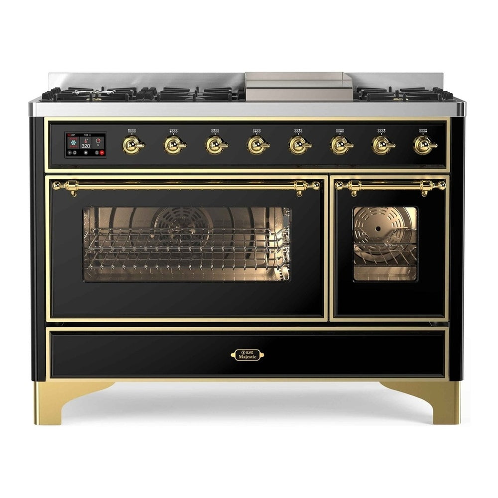 ILVE Majestic II 48" Glossy Black Dual Fuel Range with 8 Burners and Griddle Triple Glass Door Natural Gas