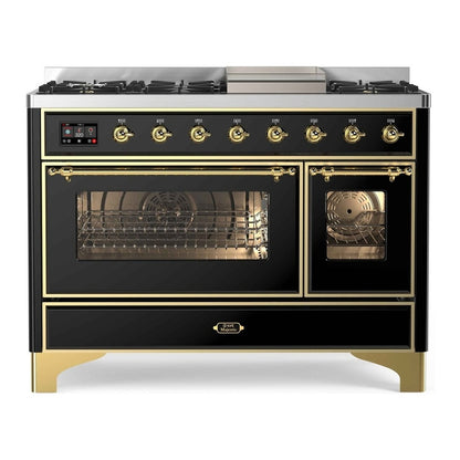 ILVE Majestic II 48 inch Triple Glass Door Natural Gas Dual Fuel Range Brass Glossy Black