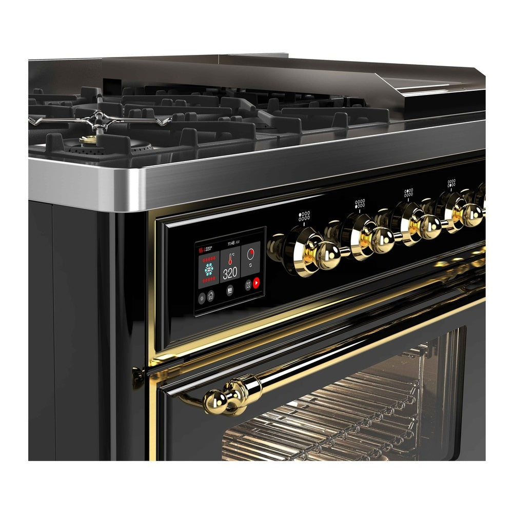 ILVE Majestic II 48 inch Triple Glass Door Natural Gas Dual Fuel Range Brass Glossy Black