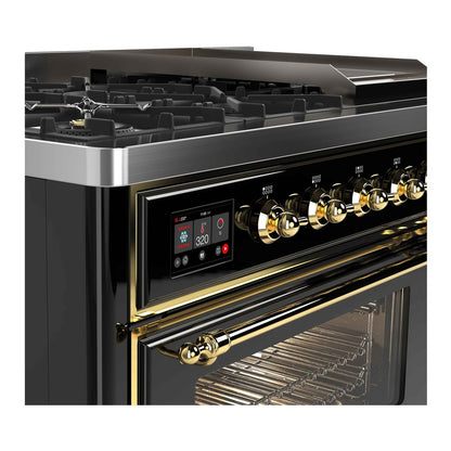 ILVE Majestic II 48 inch Triple Glass Door Natural Gas Dual Fuel Range Brass Glossy Black