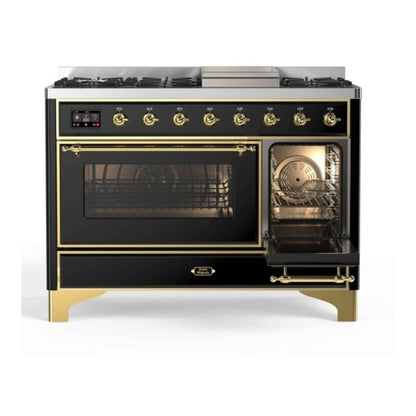 ILVE Majestic II 48 inch Triple Glass Door Natural Gas Dual Fuel Range Brass Glossy Black