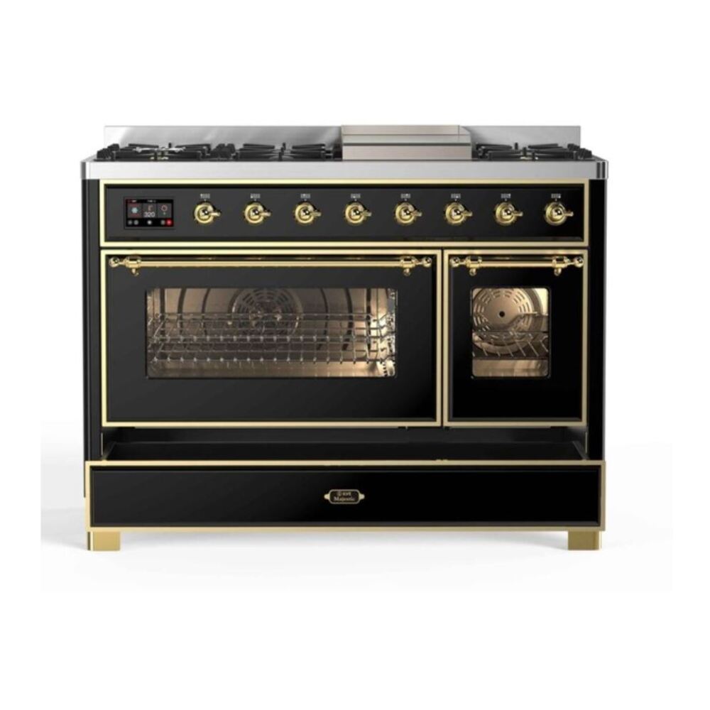 ILVE Majestic II 48 inch Triple Glass Door Natural Gas Dual Fuel Range Brass Glossy Black