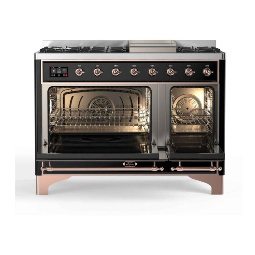 ILVE Majestic II 48 inch Triple Glass Door Natural Gas Dual Fuel Range Copper Glossy Black