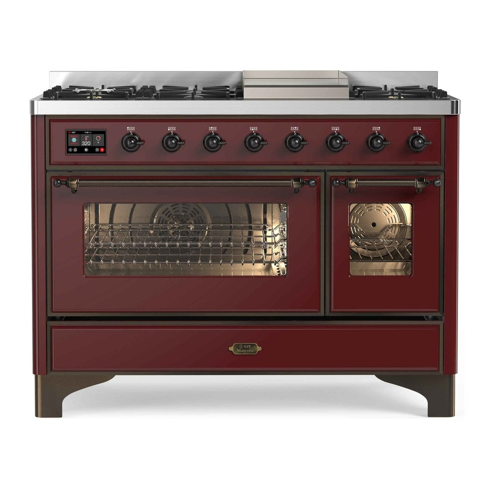 ILVE Majestic II 48" Burgundy Dual Fuel Range with 8 Burners and Griddle Triple Glass Door Liquid Propane