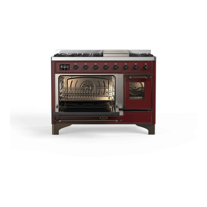 ILVE Majestic II 48" Burgundy Dual Fuel Range with 8 Burners and Griddle Triple Glass Door Liquid Propane