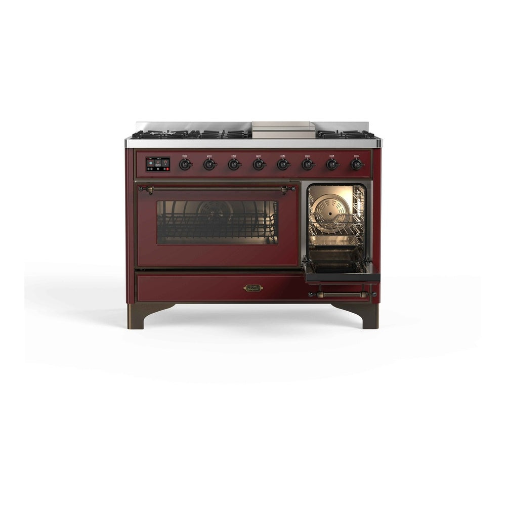 ILVE Majestic II 48" Burgundy Dual Fuel Range with 8 Burners and Griddle Triple Glass Door Liquid Propane