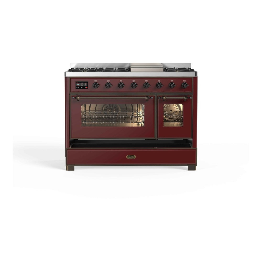 ILVE Majestic II 48" Burgundy Dual Fuel Range with 8 Burners and Griddle Triple Glass Door Liquid Propane