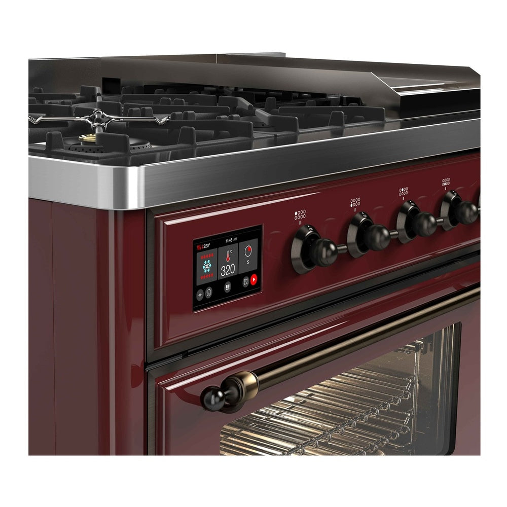 ILVE Majestic II 48" Burgundy Dual Fuel Range with 8 Burners and Griddle Triple Glass Door Liquid Propane