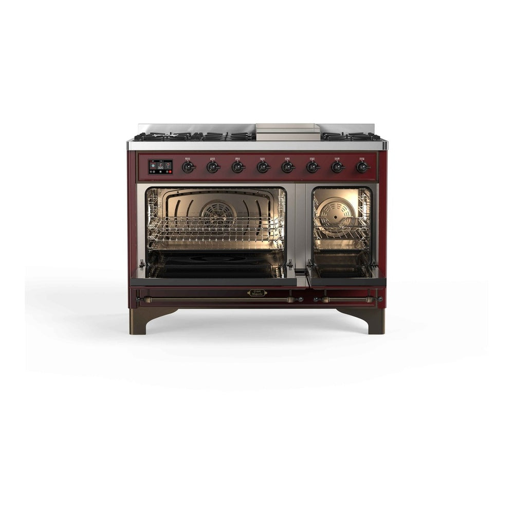 ILVE Majestic II 48" Burgundy Dual Fuel Range with 8 Burners and Griddle Triple Glass Door Liquid Propane
