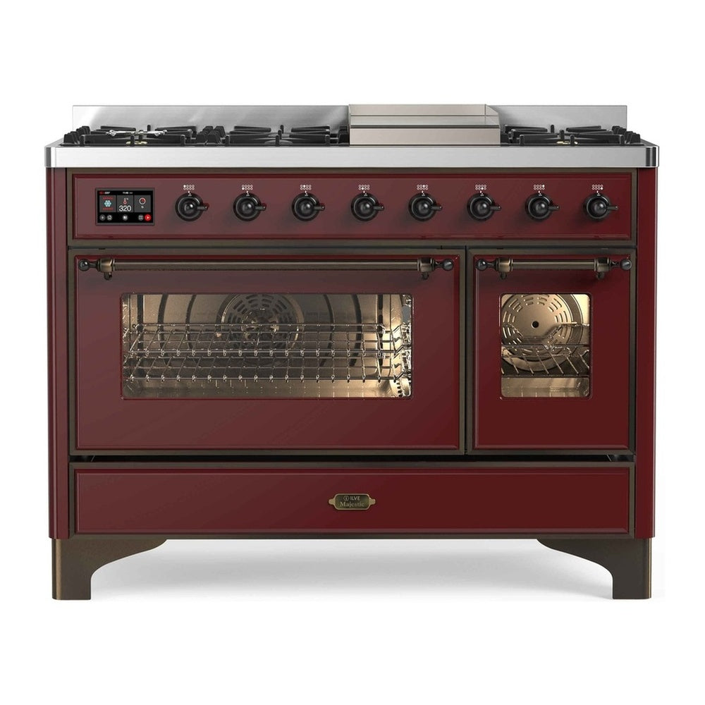 ILVE Majestic II 48" Burgundy Dual Fuel Range with 8 Burners and Griddle Triple Glass Door Natural Gas