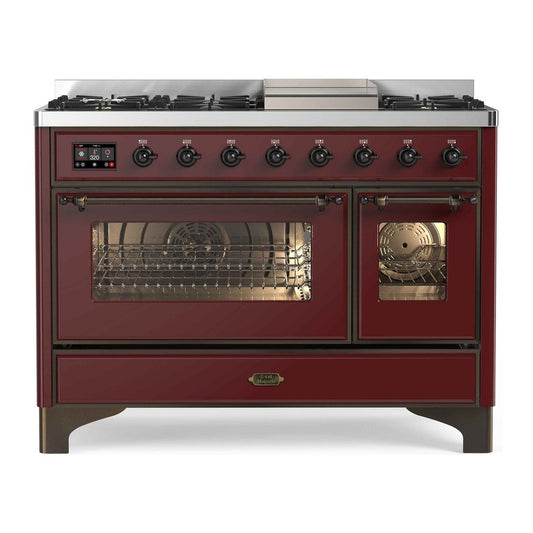 ILVE Majestic II 48" Burgundy Dual Fuel Range with 8 Burners and Griddle Triple Glass Door Natural Gas