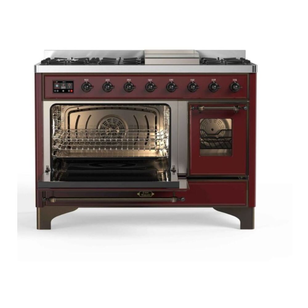 ILVE Majestic II 48 inch Triple Glass Door Natural Gas Dual Fuel Range Burnished Burgundy