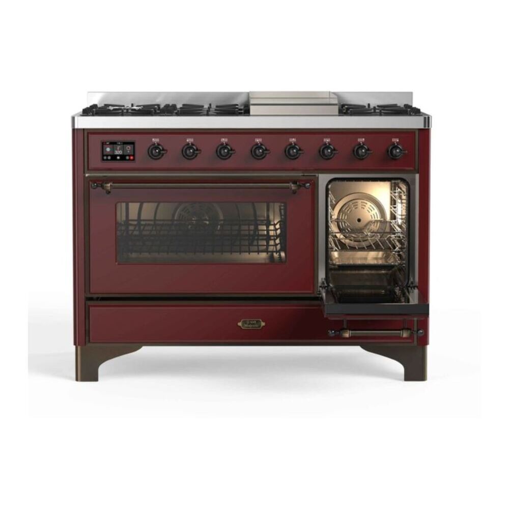ILVE Majestic II 48 inch Triple Glass Door Natural Gas Dual Fuel Range Burnished Burgundy