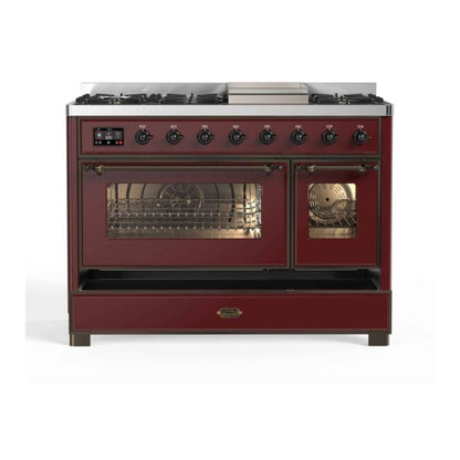 ILVE Majestic II 48 inch Triple Glass Door Natural Gas Dual Fuel Range Burnished Burgundy