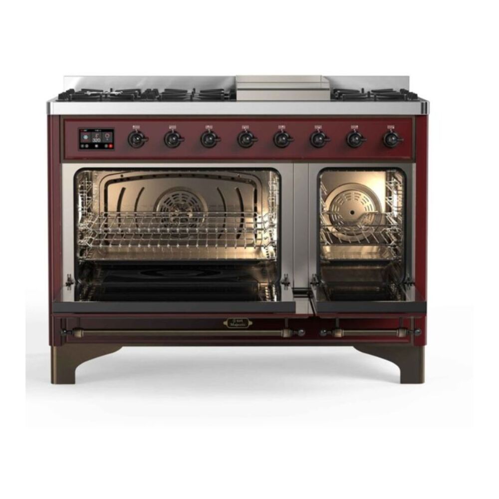 ILVE Majestic II 48 inch Triple Glass Door Natural Gas Dual Fuel Range Burnished Burgundy