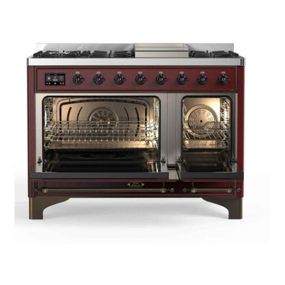 ILVE Majestic II 48 inch Triple Glass Door Natural Gas Dual Fuel Range Burnished Burgundy