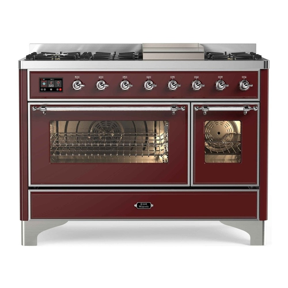 ILVE Majestic II 48" Burgundy Dual Fuel Range with 8 Burners and Griddle Triple Glass Door Liquid Propane