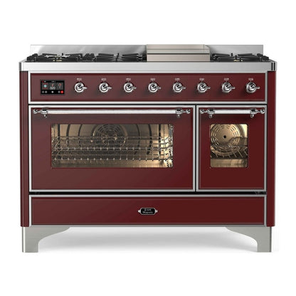 ILVE Majestic II 48" Burgundy Dual Fuel Range with 8 Burners and Griddle Triple Glass Door Liquid Propane