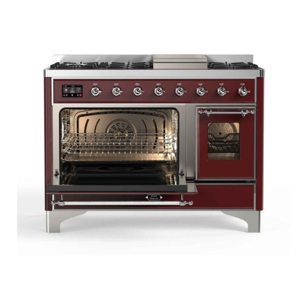 ILVE Majestic II 48 inch Triple Glass Door Natural Gas Dual Fuel Range Chrome Burgundy