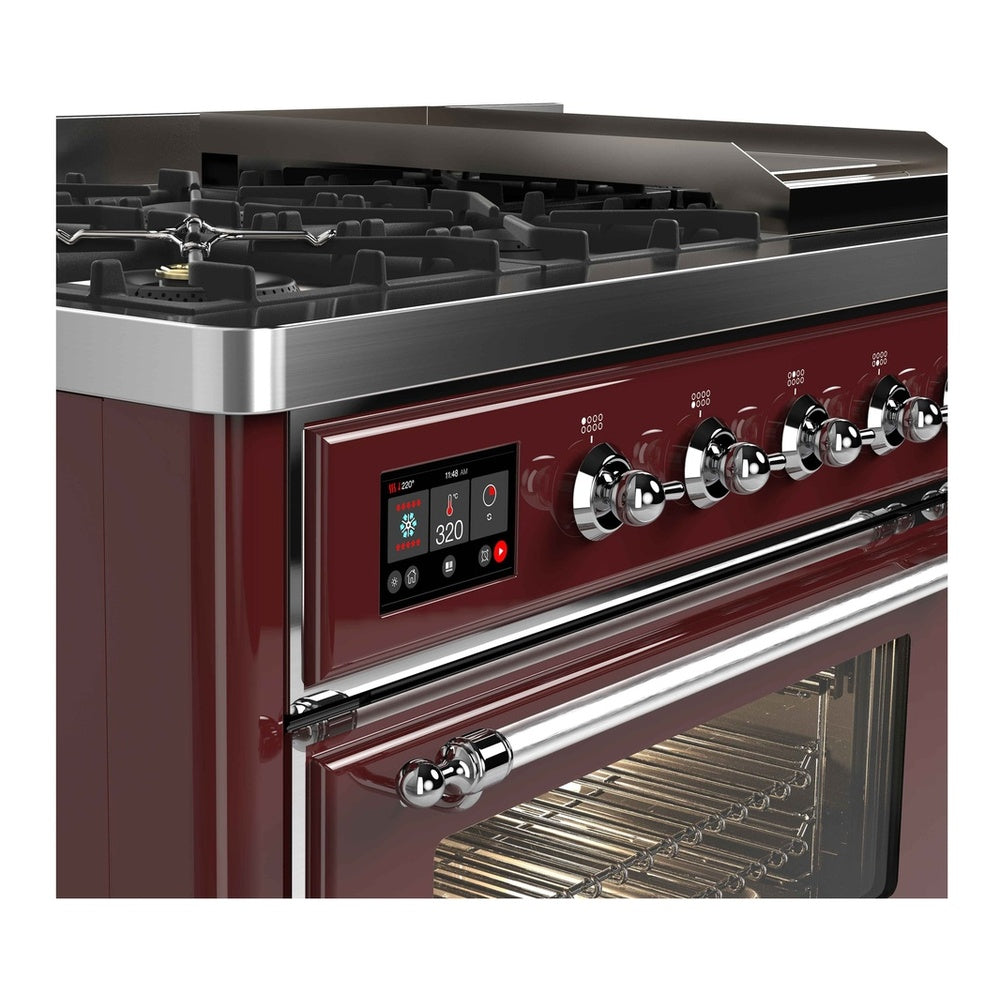ILVE Majestic II 48 inch Triple Glass Door Natural Gas Dual Fuel Range Chrome Burgundy