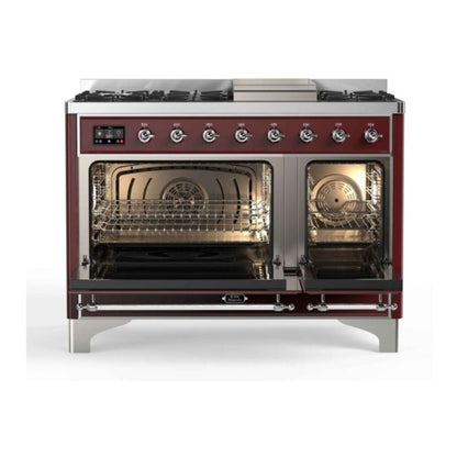 ILVE Majestic II 48 inch Triple Glass Door Natural Gas Dual Fuel Range Chrome Burgundy