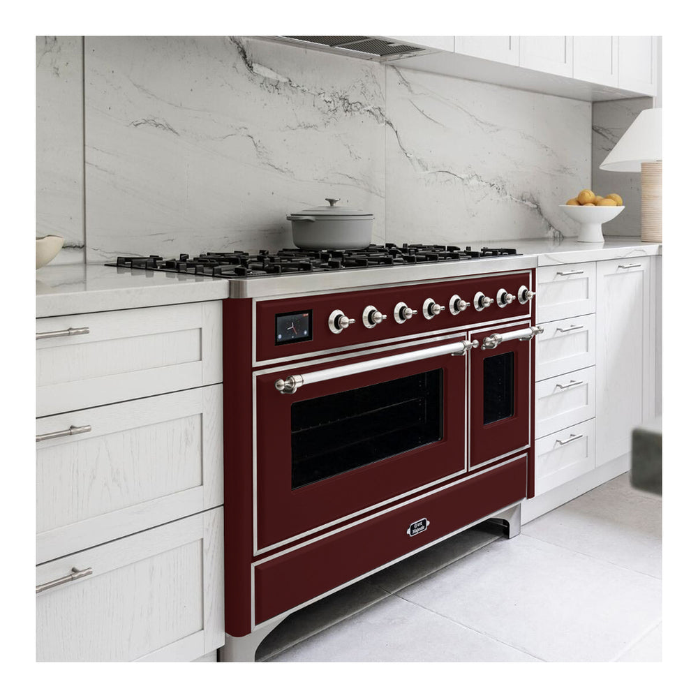 ILVE Majestic II 48 inch Triple Glass Door Natural Gas Dual Fuel Range Chrome Burgundy