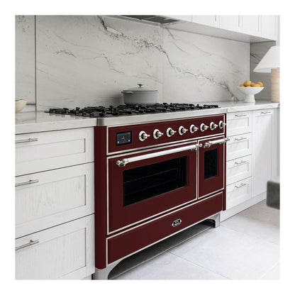 ILVE Majestic II 48 inch Triple Glass Door Natural Gas Dual Fuel Range Chrome Burgundy