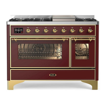 ILVE Majestic II 48" Burgundy Dual Fuel Range with 8 Burners and Griddle Triple Glass Door Liquid Propane
