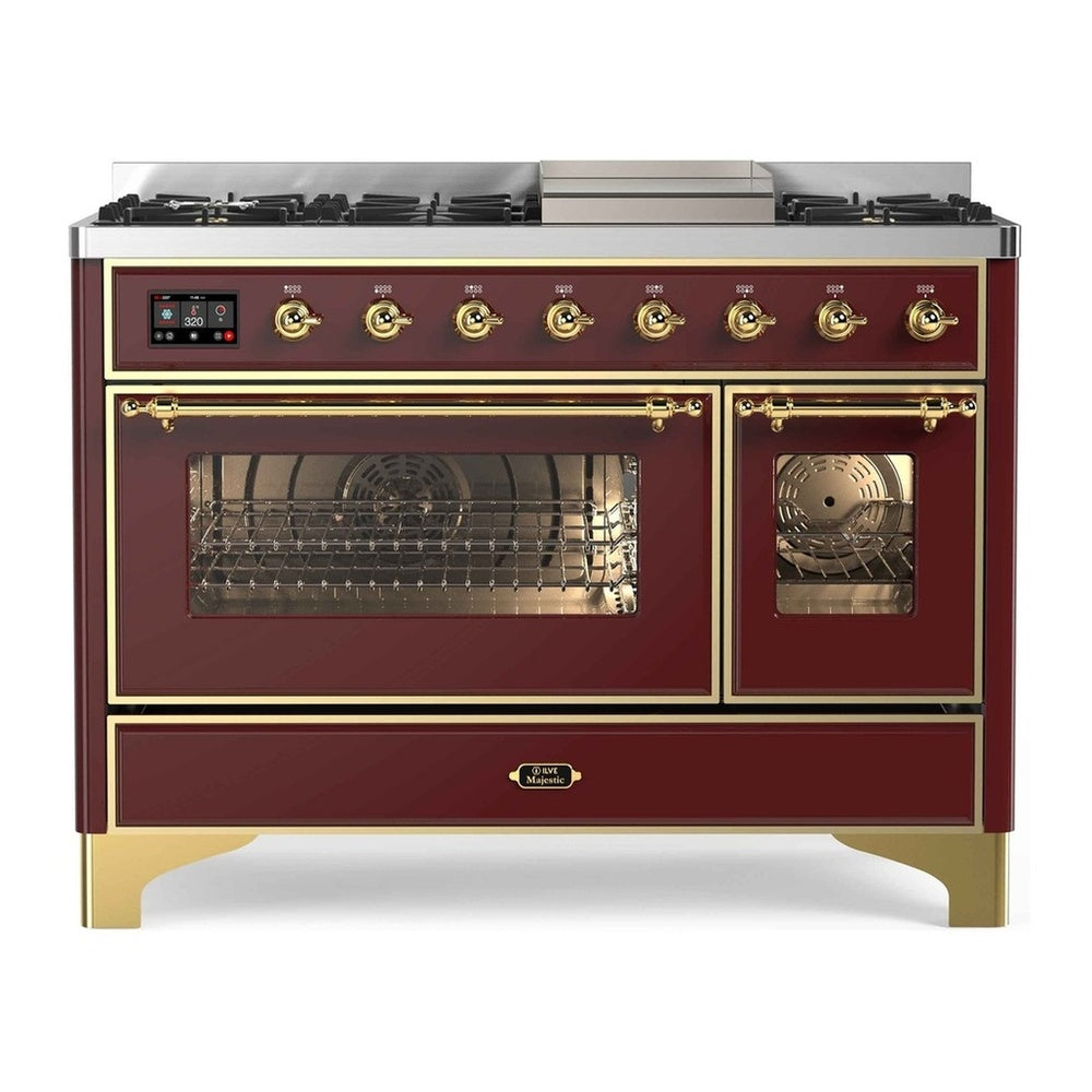 ILVE Majestic II 48" Burgundy Dual Fuel Range with 8 Burners and Griddle Triple Glass Door Natural Gas