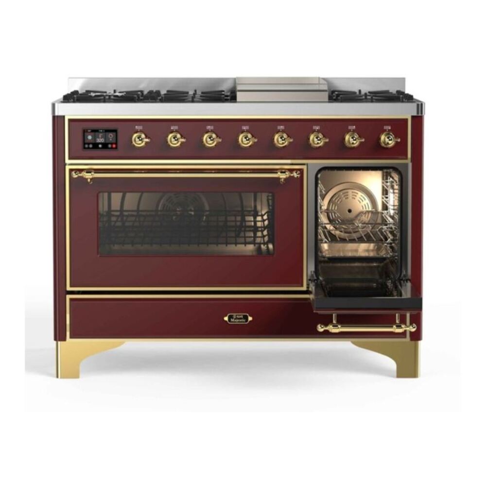 ILVE Majestic II 48 inch Triple Glass Door Natural Gas Dual Fuel Range Brass Burgundy