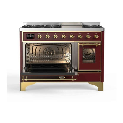 ILVE Majestic II 48 inch Triple Glass Door Natural Gas Dual Fuel Range Brass Burgundy