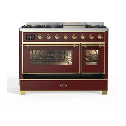 ILVE Majestic II 48 inch Triple Glass Door Natural Gas Dual Fuel Range Brass Burgundy