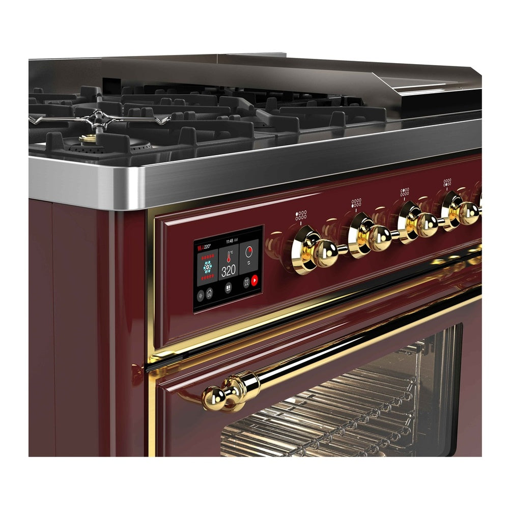 ILVE Majestic II 48 inch Triple Glass Door Natural Gas Dual Fuel Range Brass Burgundy